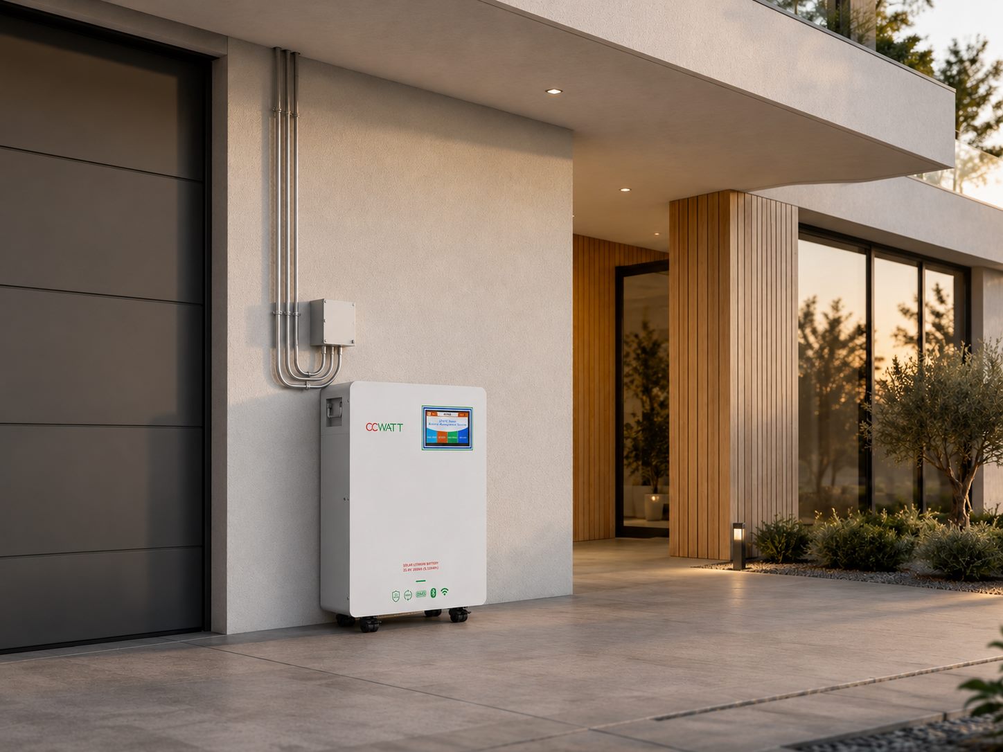 CCWATT 5 kWh floor battery installed outside a modern house
