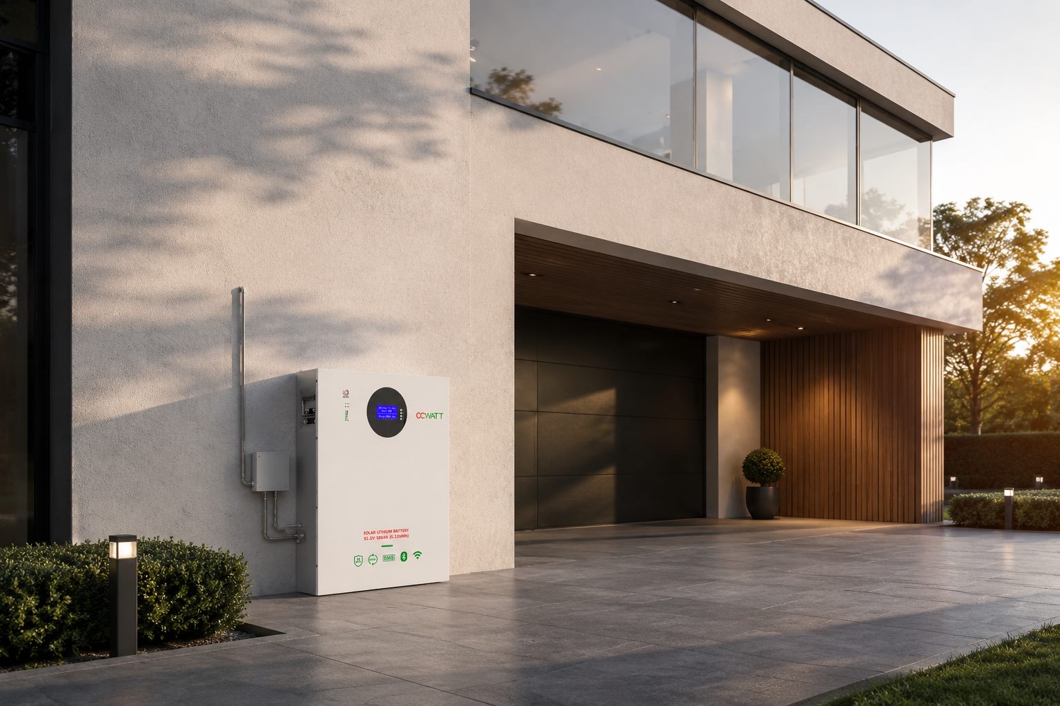 CCWATT wall-mount home battery installed on a modern house