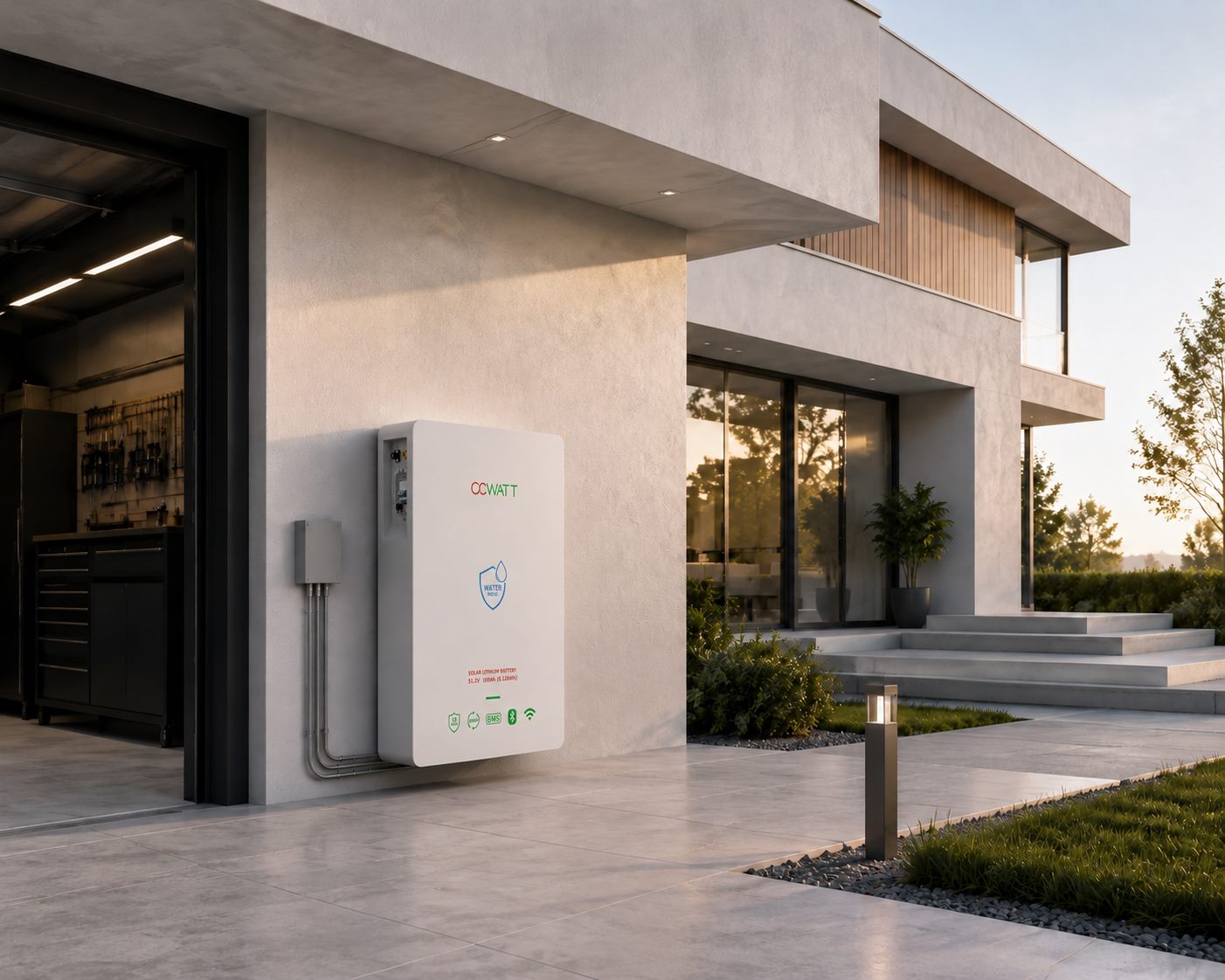 CCWATT IP65 outdoor wall battery mounted beside a home garage